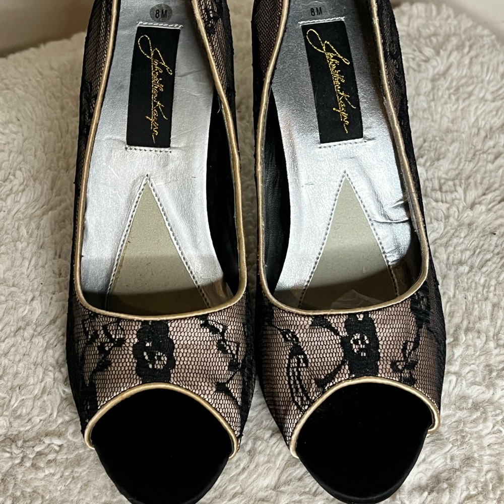 NIB Jonathan Kayne high heels size 8 black over nude color peep toe NWT. - Picture 2 of 8